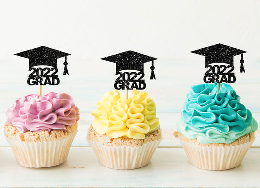 2022 Graduation Cap Cupcake Toppers Black Glitter