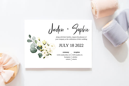 Printable floral wedding invitation template with white flowers and eucalyptus graphic. 