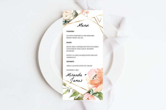 Pink Floral and Greenery Wedding Menu Template - EDIE - Designs by MelissaCB