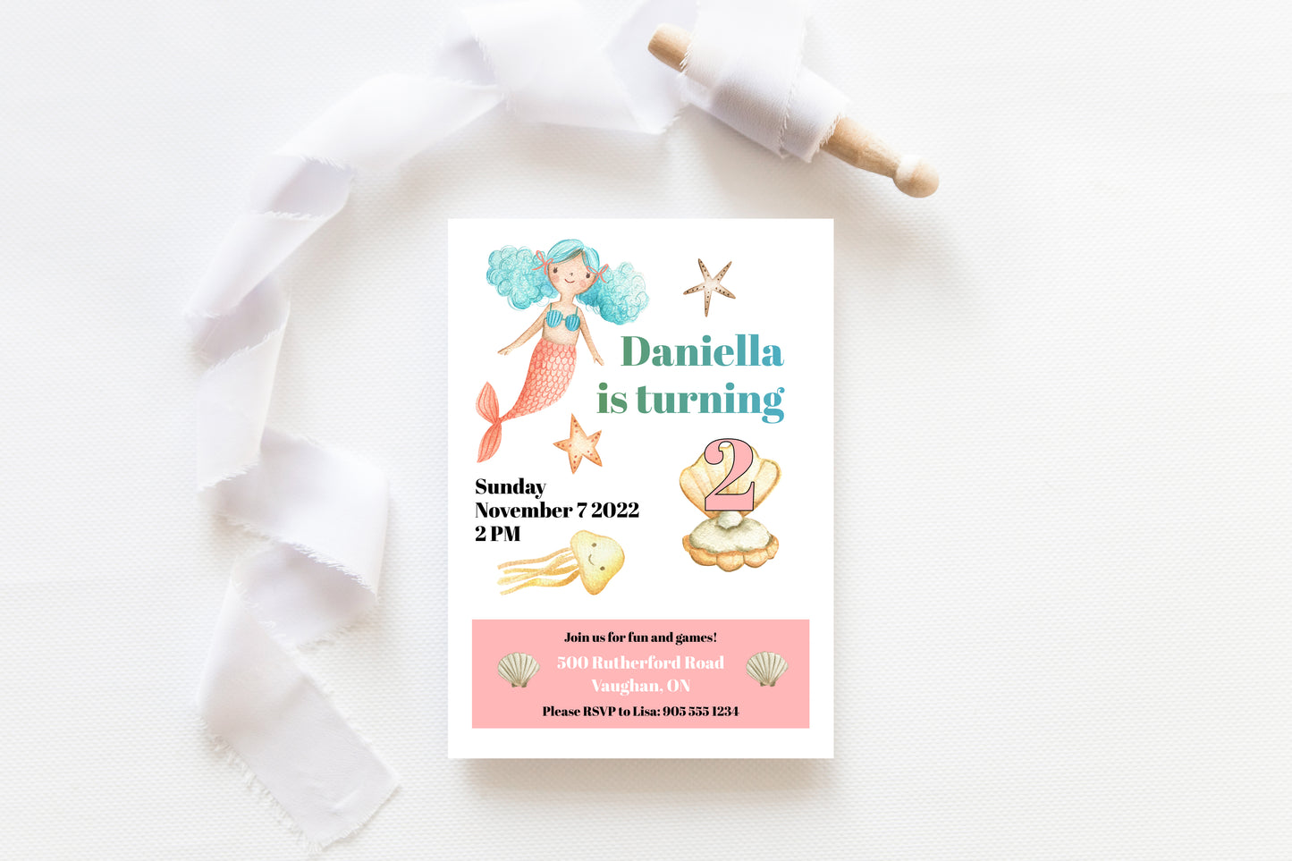 Printable mermaid party invitation featuring pink, aqua, and yellow colours.