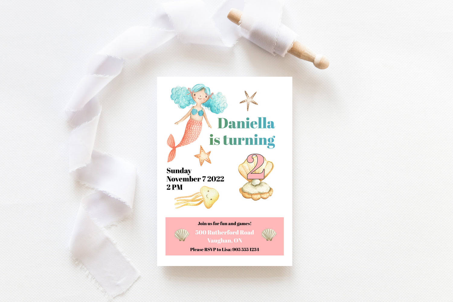 Printable mermaid party invitation featuring pink, aqua, and yellow colours.