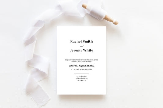 Modern wedding invitation template. White invitation with black font.