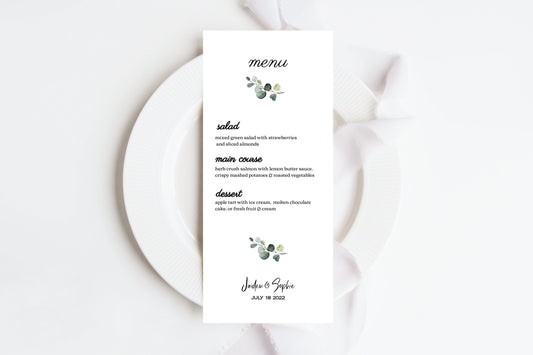 Modern wedding menu template with eucalyptus image.