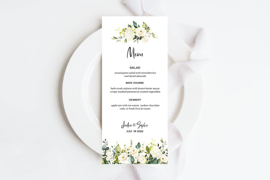 4 x 9 in wedding menu template with white flowers and leaves at the top and bottom