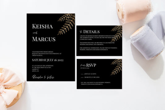 Black and white wedding invitation set with gold leaf detail