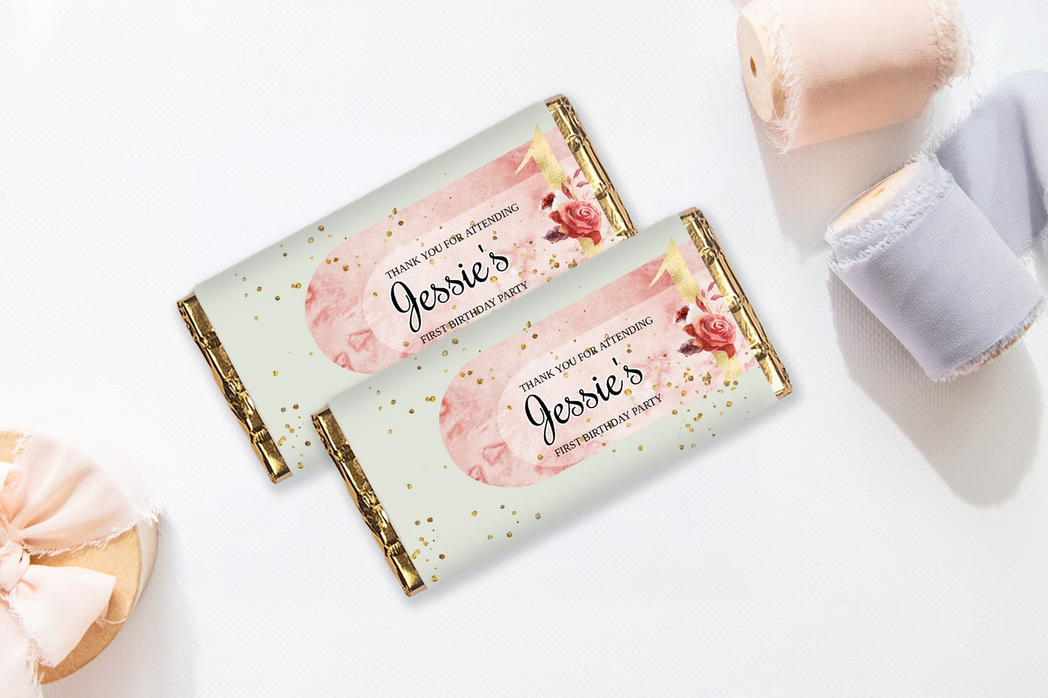 Boho Pink and Gold Chocolate Bar Wrapper Template - Designs by MelissaCB