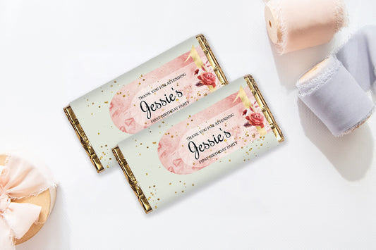 Boho Pink and Gold Chocolate Bar Wrapper Template - Designs by MelissaCB