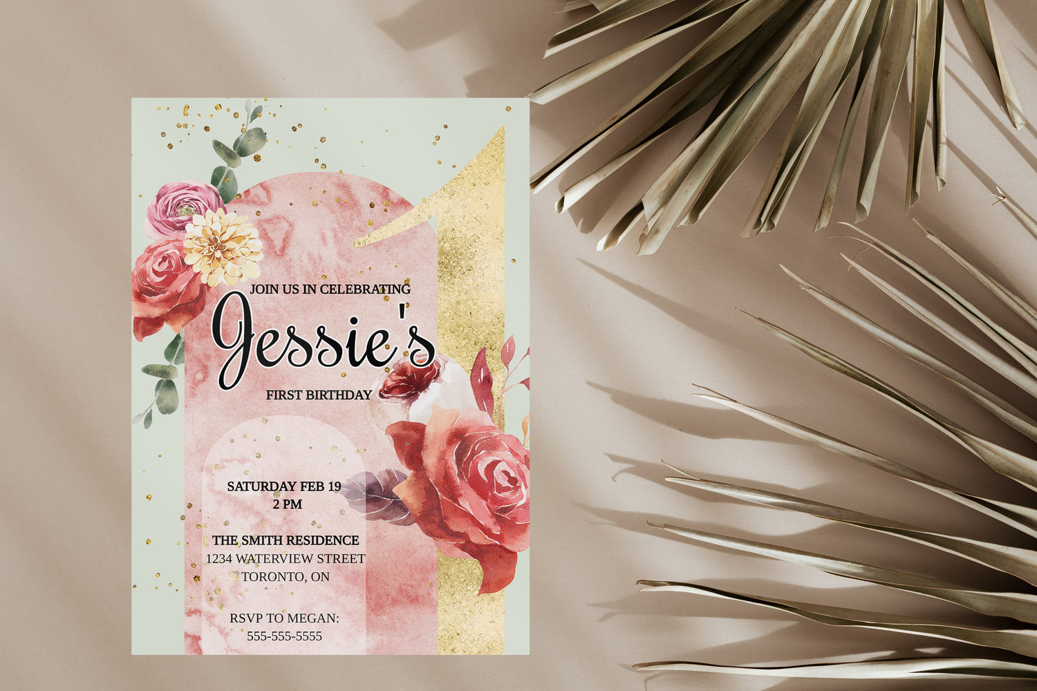 boho pink watercolour first birthday invitation