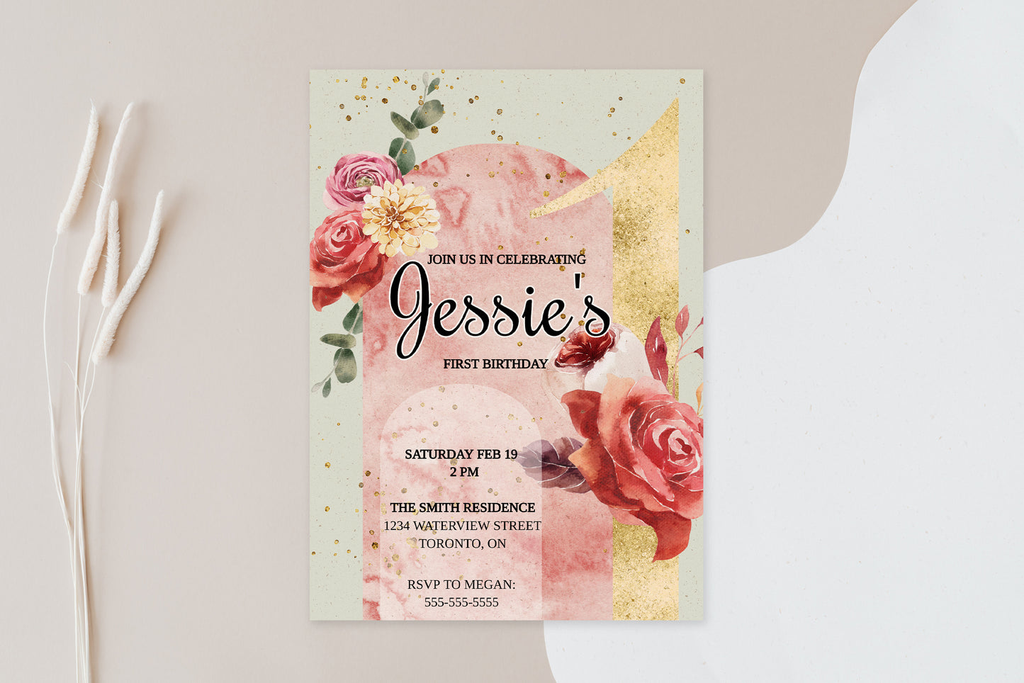 boho pink watercolour first birthday invitation