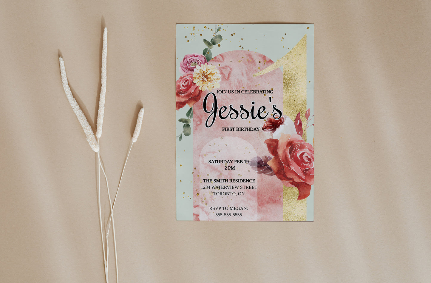 boho pink watercolour first birthday invitation