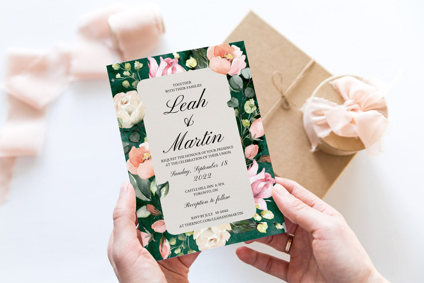 Emerald Green Floral Wedding Invitation Template - Designs by MelissaCB