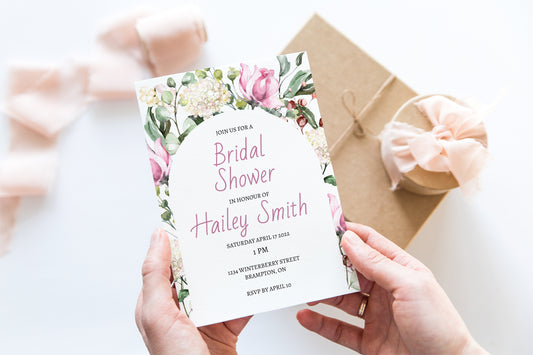 printed floral arch bridal shower invitations