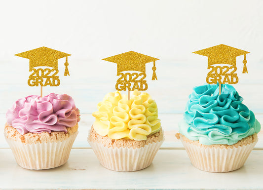 2022 Graduation Cupcake Toppers Gold Glitter