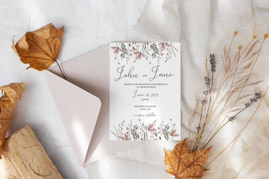 Botanical Wedding Invitation Template, Printable Invitation Card, B001