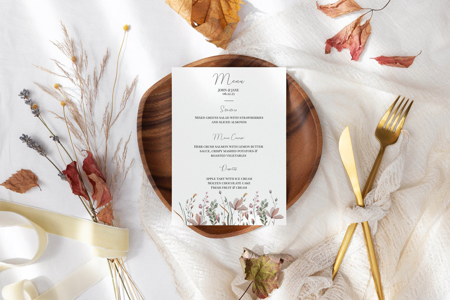 Botanical Wedding Menu Template, Printable Wedding Menu Card, B001