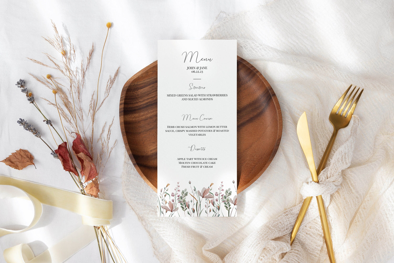 Botanical Wedding Menu Template, Printable Wedding Menu Card, B001