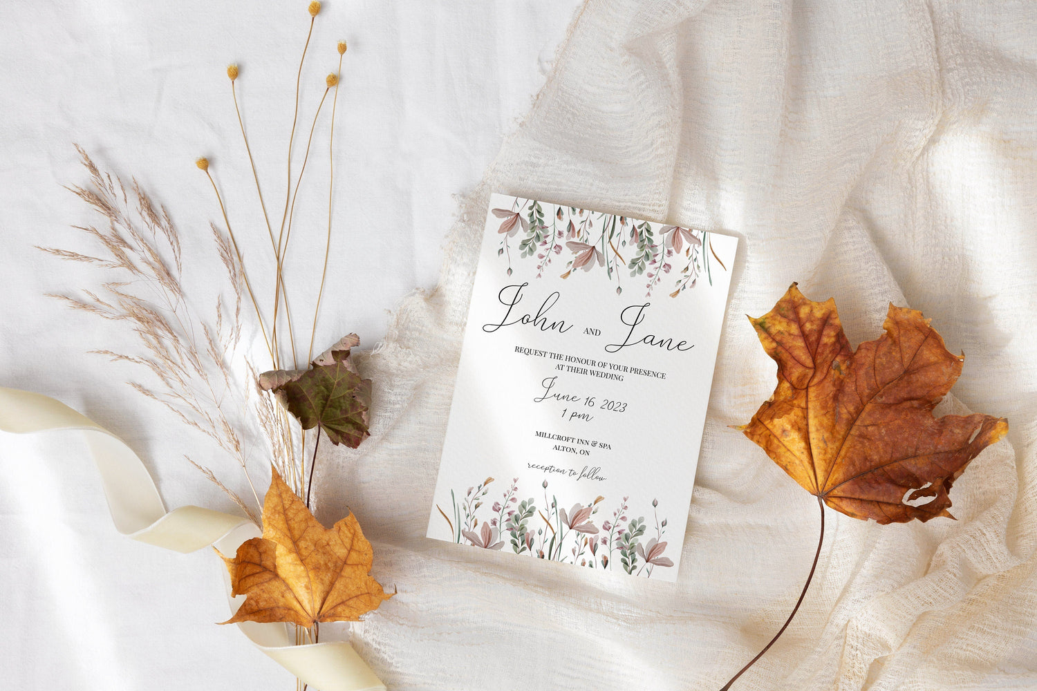 Botanical Wedding Invitation Template, Printable Invitation Card, B001