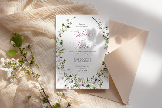 Wildflower Wedding Invitation Template, Printable Invitation Card, B002