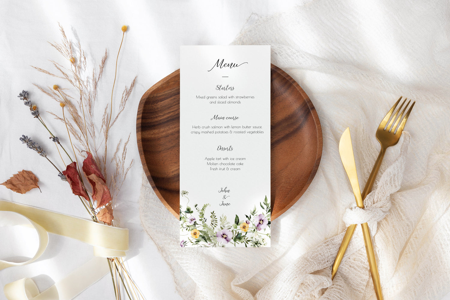 Wildflower Wedding Menu Template, Printable Menu Card, B002