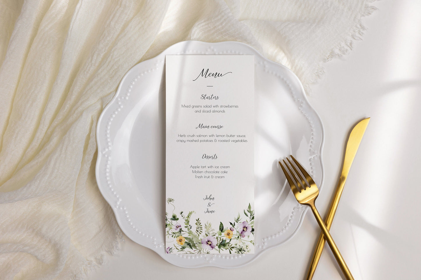 Wildflower Wedding Menu Template, Printable Menu Card, B002