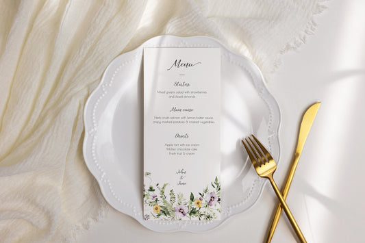 Wildflower Wedding Menu Template, Printable Menu Card, B002