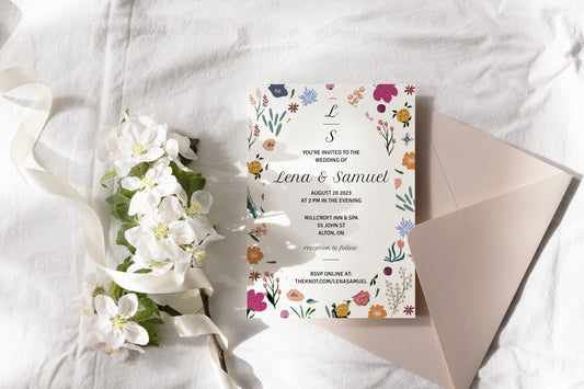 Meadow Flowers Wedding Invitation Template, Wildflower Print Invite,  Printable  B004