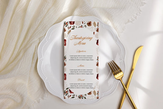 Printable Thanksgiving Dinner Menu Template for Table Setting with Floral Design