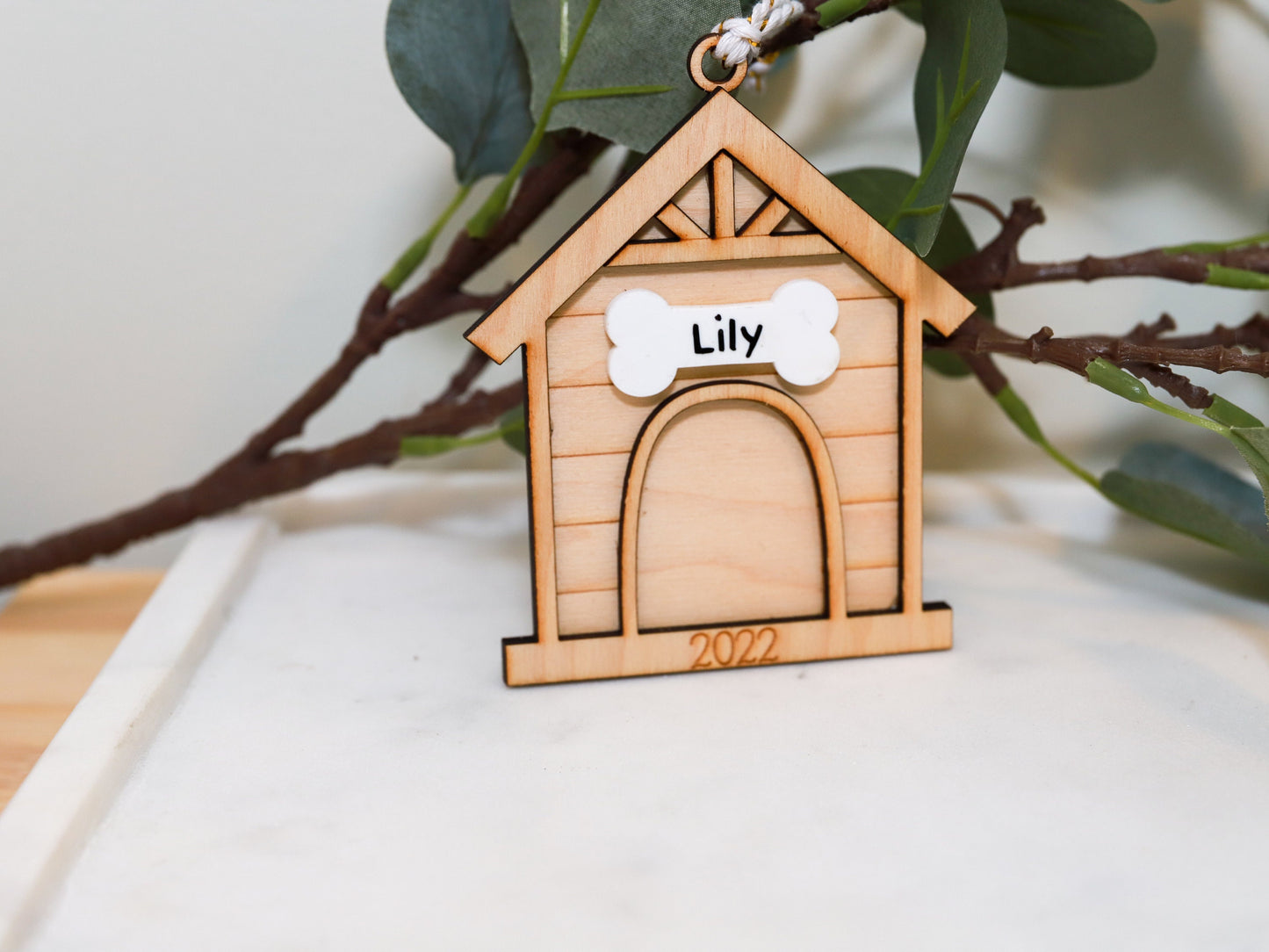 Personalized Wood Christmas Dog House Ornament - Gift for Dog Mom or Dad - Custom Engraved Bauble - Tree Decorations