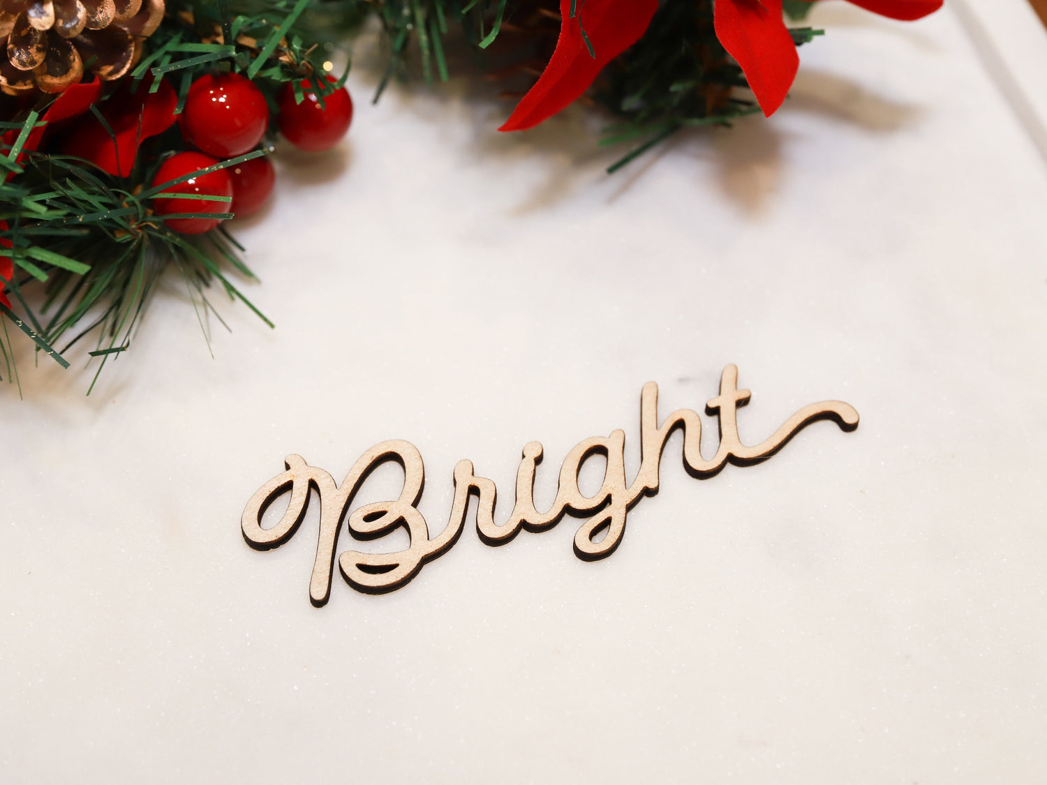 Wood Christmas Place Card "Bright" - Holiday Table Setting Decoration - Christmas Place Setting Words