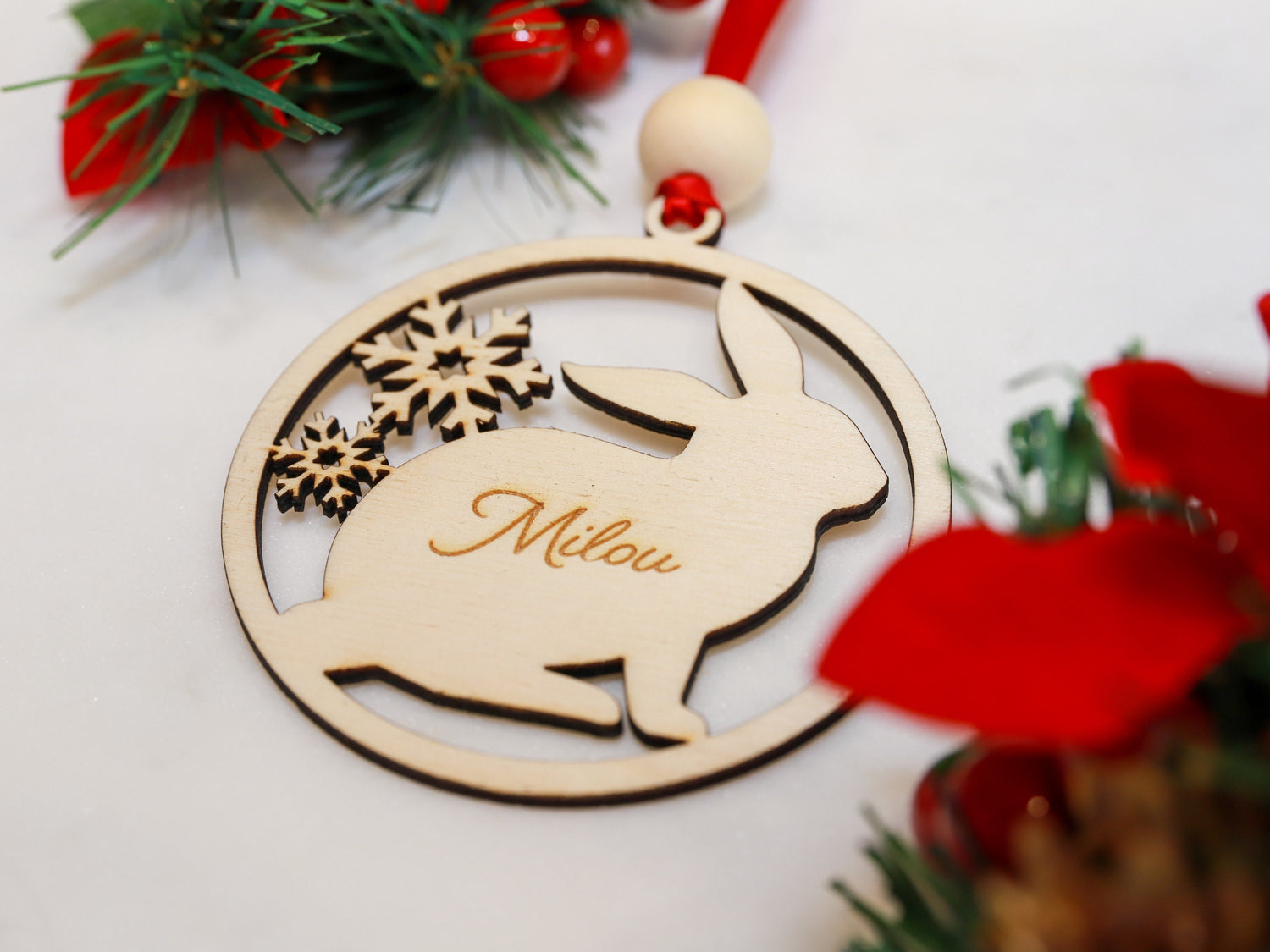 Personalized Wood Bunny Rabbit Christmas Tree Ornament - Gift for Bunny Rabbit Owners