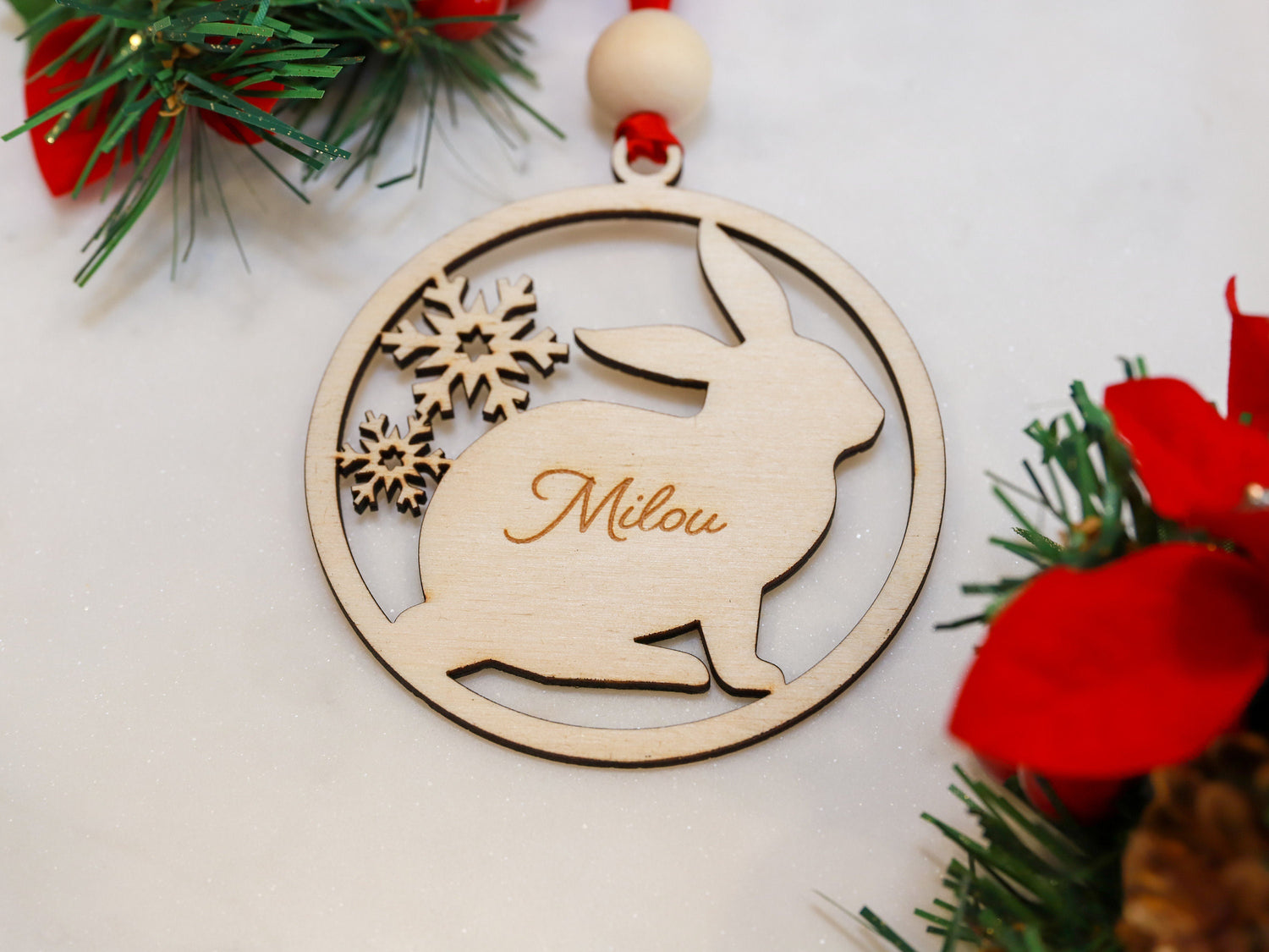 Personalized Wood Bunny Rabbit Christmas Tree Ornament - Gift for Bunny Rabbit Owners