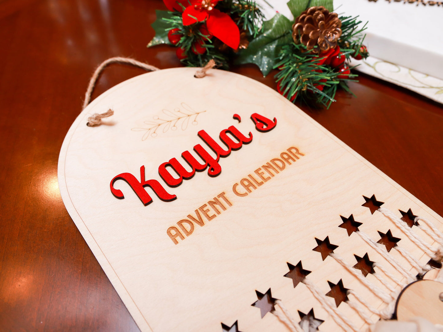 DIY Wood Advent Calendar with Personalized Name - Custom Christmas Countdown Calendar with 12 Cotton Twill Pouches