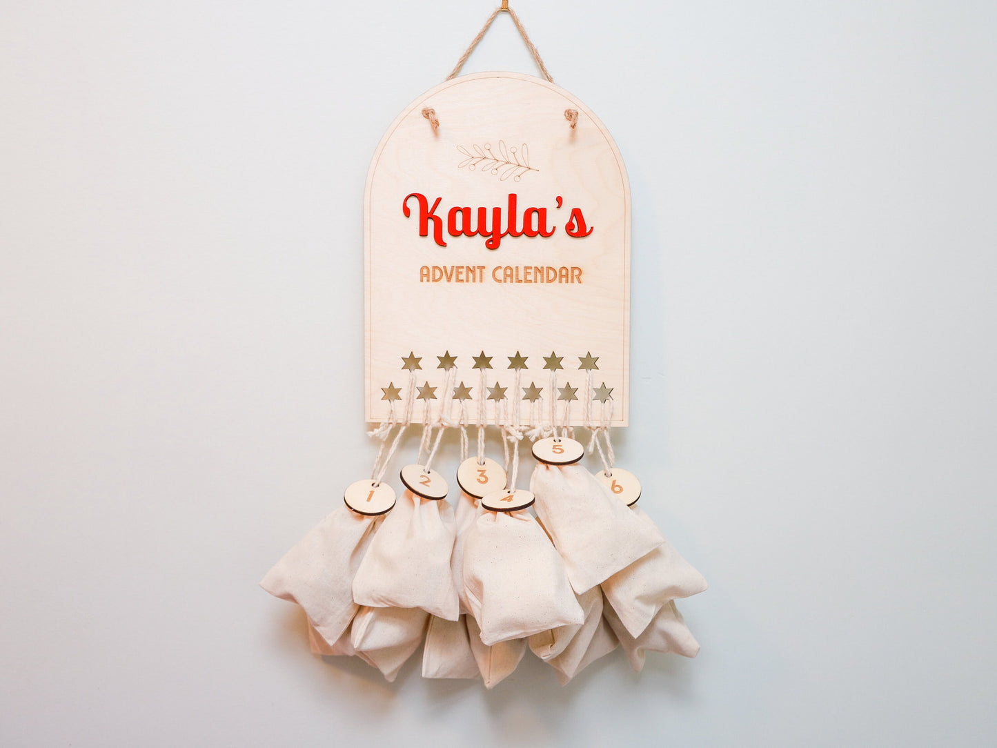 DIY Wood Advent Calendar with Personalized Name - Custom Christmas Countdown Calendar with 12 Cotton Twill Pouches