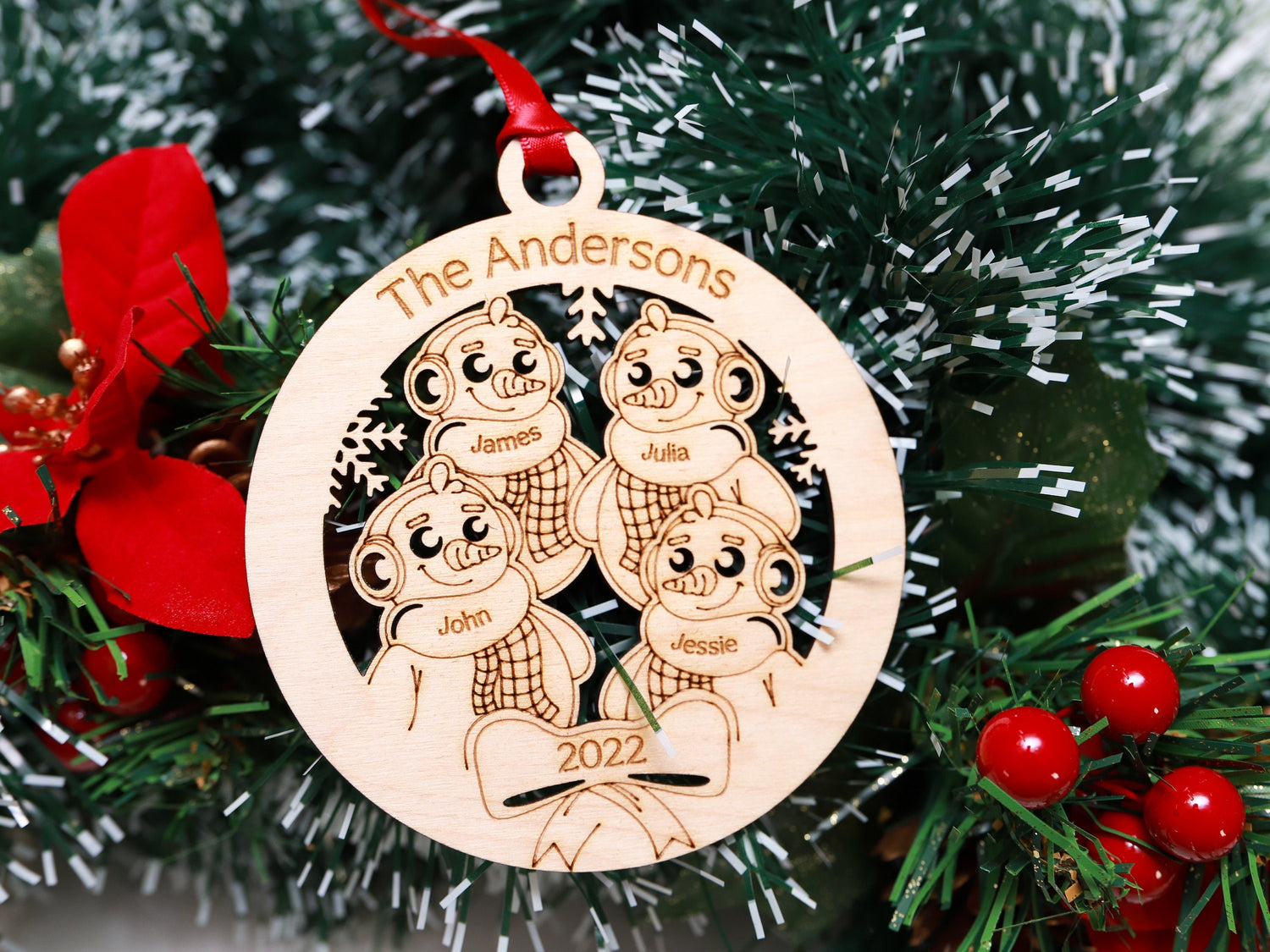 Custom Snowman Family Christmas Tree Ornament - Personalized Name Bauble - Up to 6 People