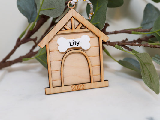 Personalized Wood Christmas Dog House Ornament - Gift for Dog Mom or Dad - Custom Engraved Bauble - Tree Decorations