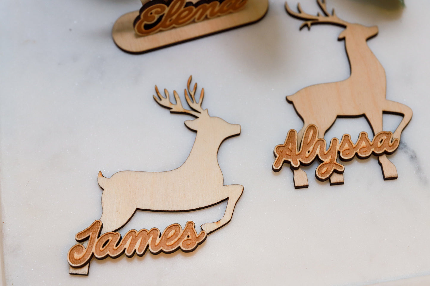 Personalized Wood Christmas Reindeer Mantle Decoration - Custom Dinner Place Cards with Engraved Name -