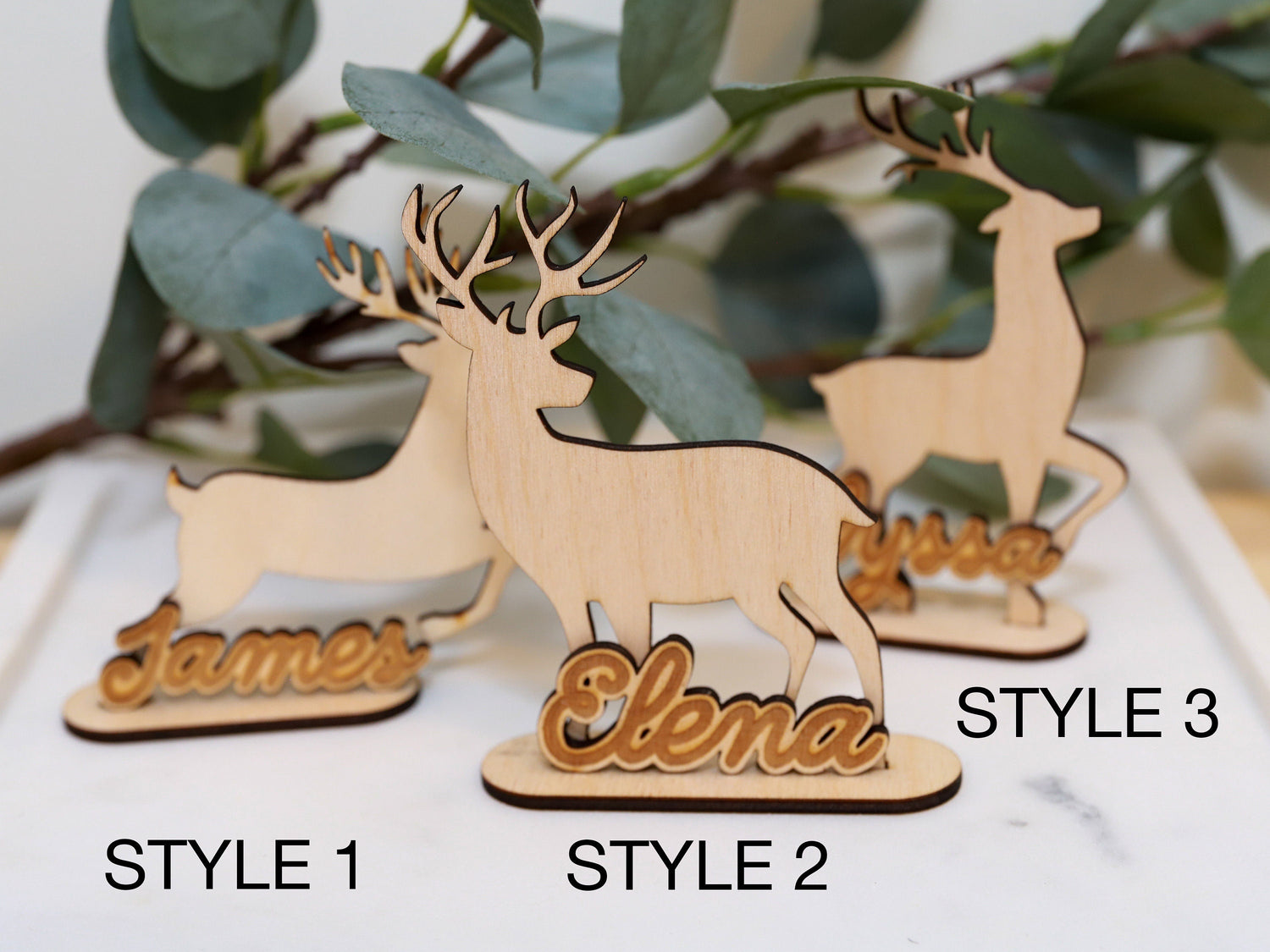 Personalized Wood Christmas Reindeer Mantle Decoration - Custom Dinner Place Cards with Engraved Name -