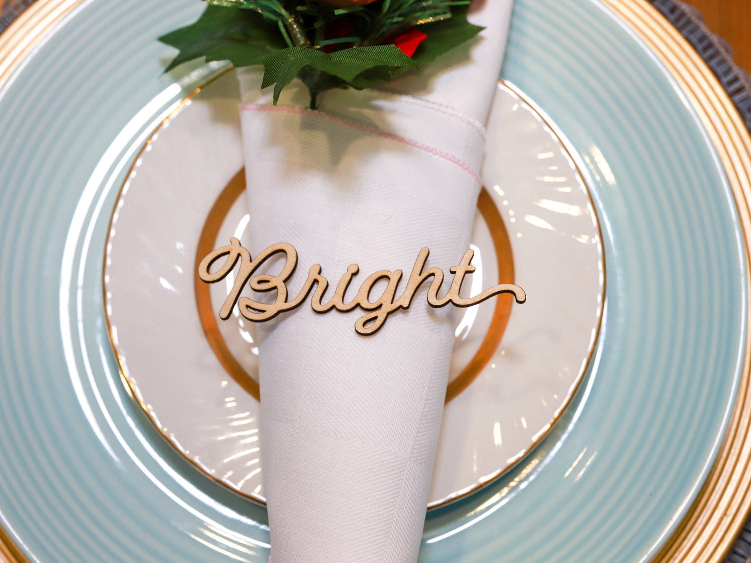 Wood Christmas Place Card "Bright" - Holiday Table Setting Decoration - Christmas Place Setting Words