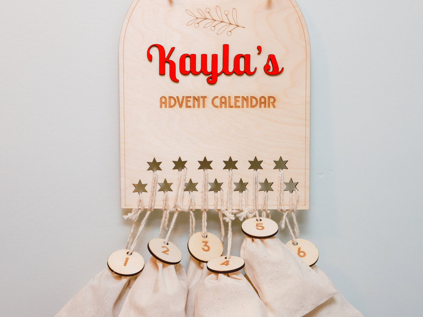 DIY Wood Advent Calendar with Personalized Name - Custom Christmas Countdown Calendar with 12 Cotton Twill Pouches