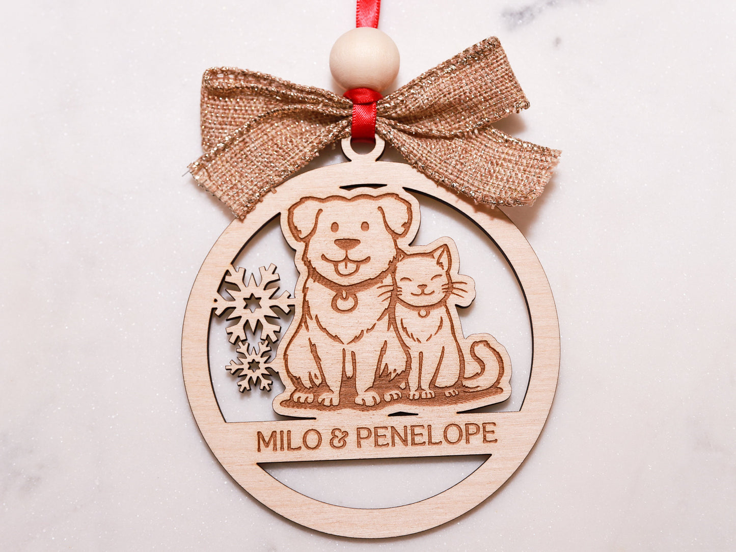 Personalized Dog and Cat Together Wood Christmas Ornament