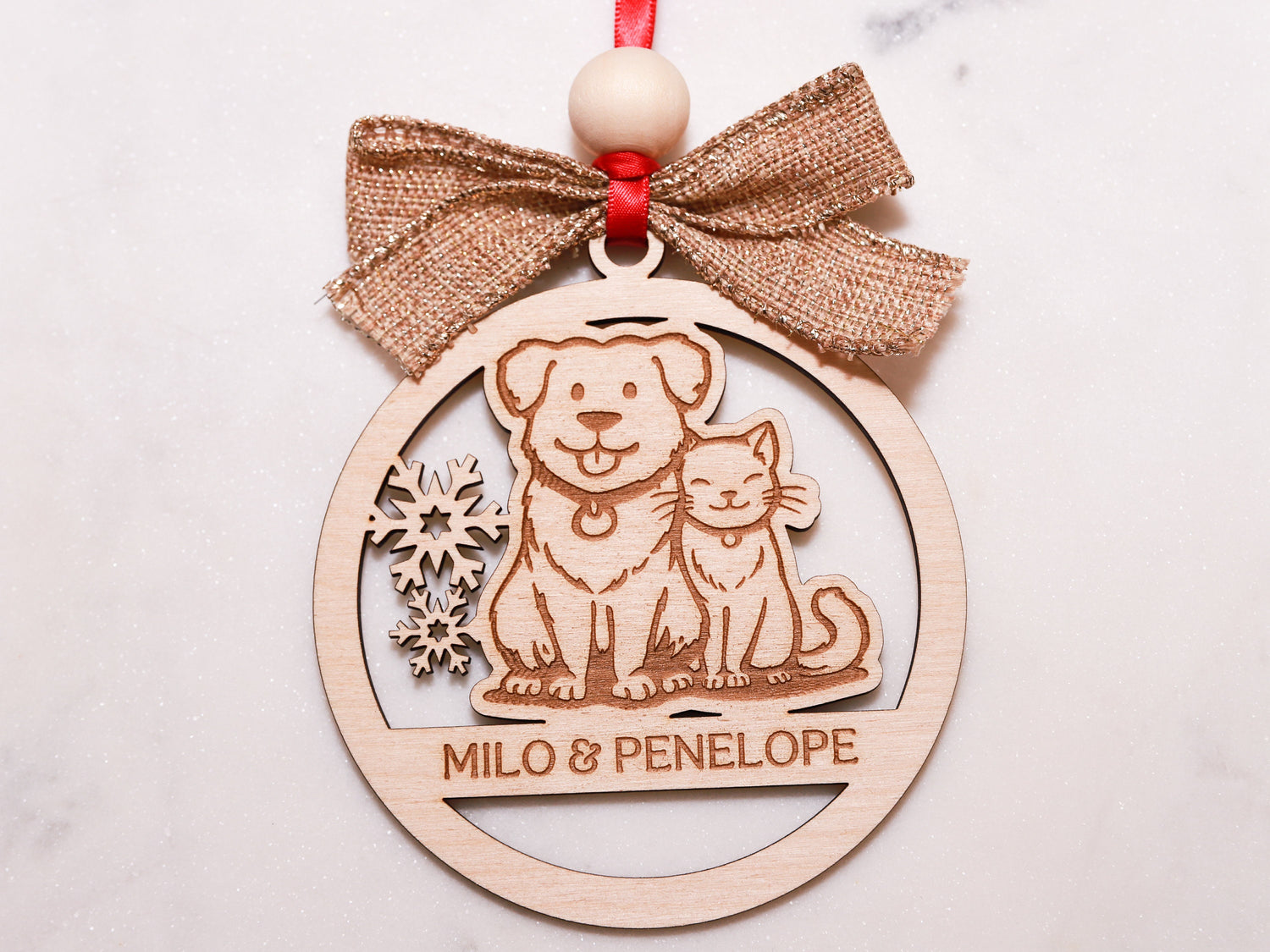 Personalized Dog and Cat Together Wood Christmas Ornament