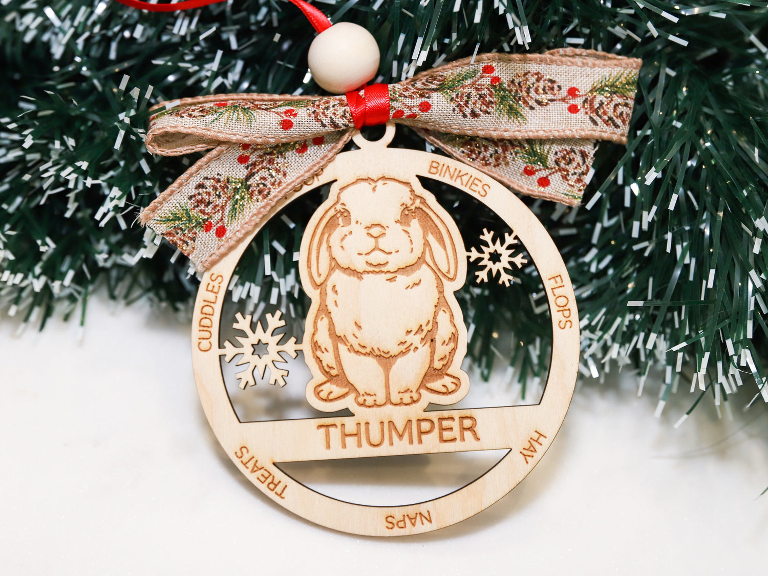 Personalized Lop Eared Bunny Rabbit Wood Christmas Ornament - Gift for Bunny Rabbit Owners