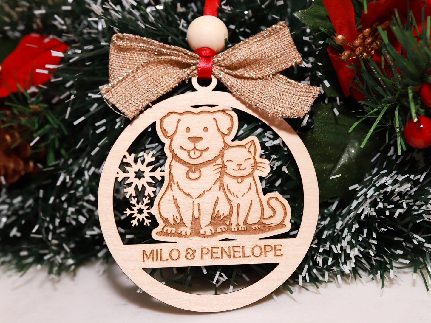 Personalized Dog and Cat Together Wood Christmas Ornament