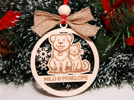 Personalized Dog and Cat Together Wood Christmas Ornament
