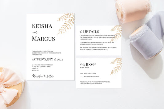 White and black invitation with gold leaf detail