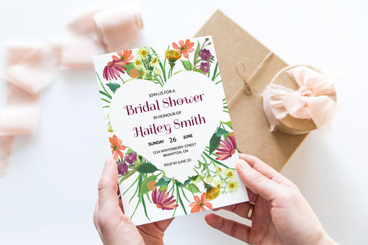 PRINTED Wildflower Heart Bridal Shower Invitation Template - Designs by MelissaCB
